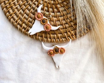 Boho Floral Cow Skull Earrings: Handmade Polymer Clay Desert Jewelry