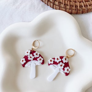 Handmade Polymer Clay Mushroom Earrings: Cottagecore Floral Huggies