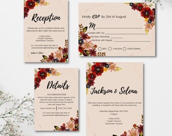 Burgundy Floral Wedding Invitation Suite, Printable Canva Template (Digital Download)