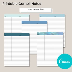 Cornell Note Half Letter Size Printable, Szablon notatek Cornell, Wkładki do notatek Half Letter Size, Notatki do nauki, Notatki z wykładów
