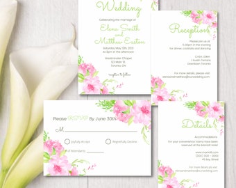 Floral Wedding Invitation Bundle, Pink and Green, Editable Canva Template (Digital Download)