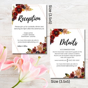 May include: Two printable wedding reception cards with a floral design. The first card says "Reception" and includes the details for the reception. The second card says "Details" and includes information about accommodations. Both cards are 3.5x5 inches.