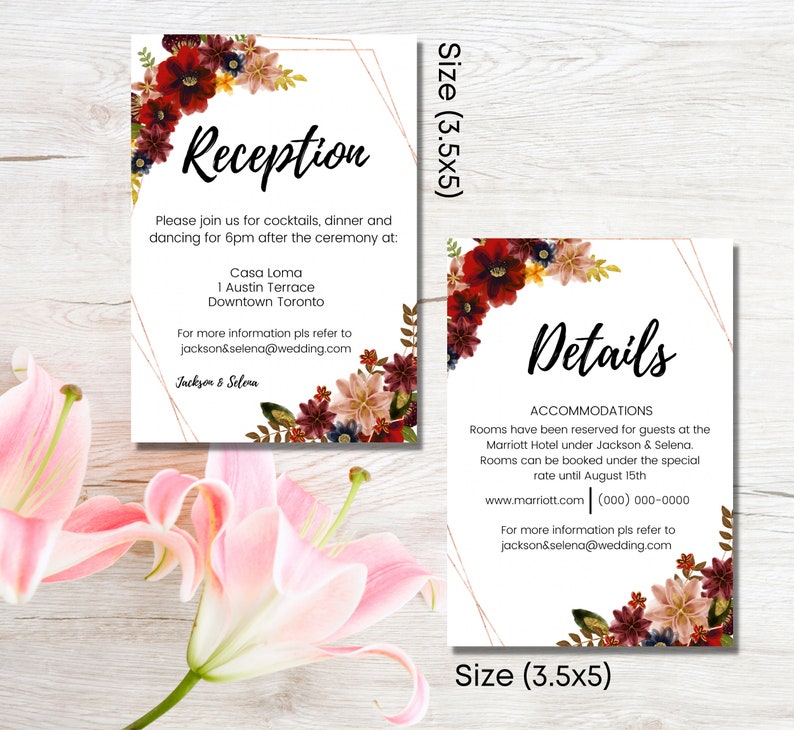 May include: Two printable wedding reception cards with a floral design. The first card says "Reception" and includes the details for the reception. The second card says "Details" and includes information about accommodations. Both cards are 3.5x5 inches.
