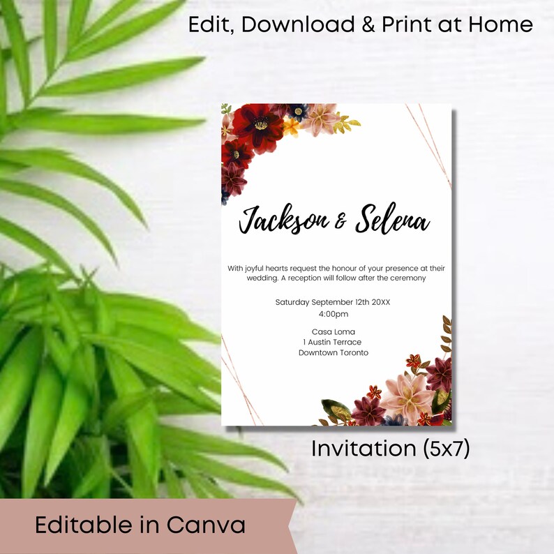 May include: A wedding invitation with a floral design in shades of red, pink, and yellow. The invitation is for Jackson and Selena and includes the date, time, and location of the wedding. The text "Invitation (5x7)" is at the bottom of the invitation.