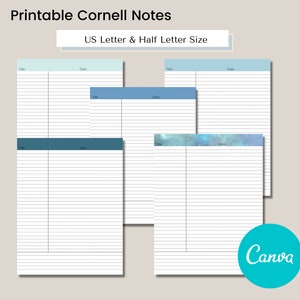 Blue Cornell Notatki do druku, Pakiet notatek w formacie Half Size & Letter, Szablon notatki Cornell w formacie PDF, Pakiet notatek Cornell do druku, Notatki z wykładów