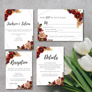 May include: Wedding invitation suite with floral accents. The invitation features a gold geometric frame with the names "Jackson & Selena" and details about the ceremony and reception. The RSVP card includes a space for the guest's name, a choice of meal options, and a section for the number of guests attending. The details card provides information about the hotel accommodations and contact information for the couple.