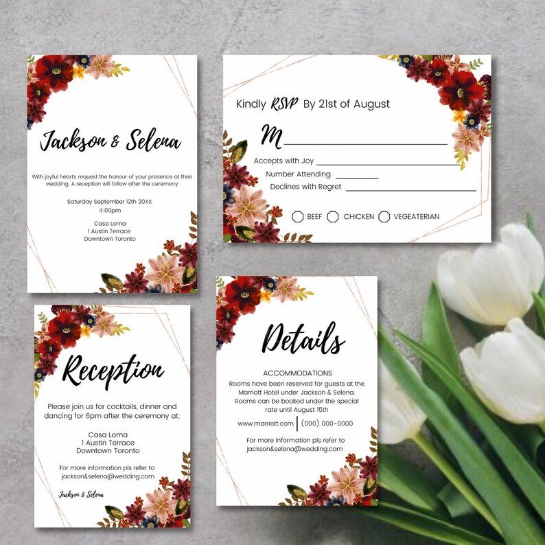 May include: Wedding invitation suite with floral accents. The invitation features a gold geometric frame with the names "Jackson & Selena" and details about the ceremony and reception. The RSVP card includes a space for the guest's name, a choice of meal options, and a section for the number of guests attending. The details card provides information about the hotel accommodations and contact information for the couple.