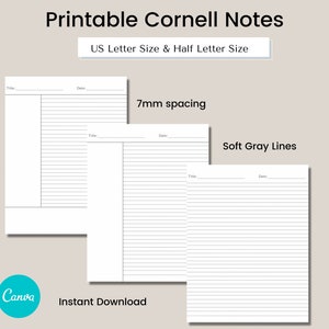 Cornell Notes Half Size & Letter Printable Bundle, Cornell Note Template PDF, Notatki z sekcji, Notatki z wykładów