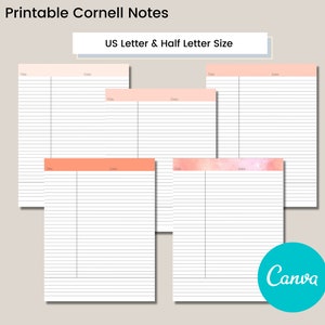 Cornell Notes Half Size & Letter Printable Bundle, Szablon notatki Cornell, Pakiet notatek Cornell do wydrukowania, Notatki z wykładów
