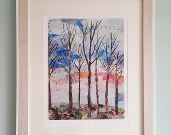 Woodland Trees Print- Forest Print, Sunset, Paper Collage, Mixed Media Art, Giclée Print