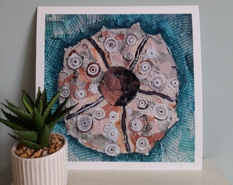 Sea Urchin Shell Print- Shell Print, Seaside Art Print, Paper Collage