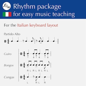 May include: A sheet of music with the title "Rhythm package for easy music teaching" and a musical notation for the instruments Partido Alto, Guiro, Bongos, and Congas. The music is written for the Italian keyboard layout.