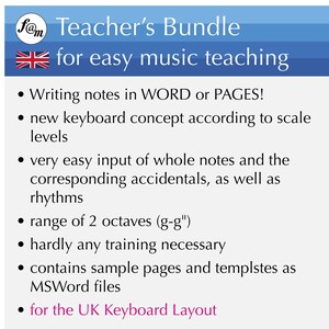 Op de afbeelding: Een blauwe en witte afbeelding met de tekst "Teacher's Bundle for easy music teaching" en een lijst met functies voor een muzieklesbron. De functies omvatten het schrijven van noten in Word of Pages, een nieuw toetsenbordconcept, eenvoudige invoer van hele noten en toevalligheden, een bereik van twee octaven en voorbeeldpagina's en sjablonen.