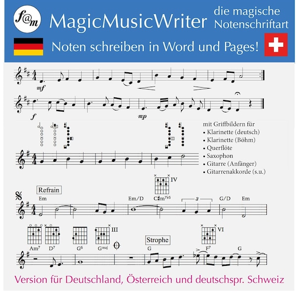 MagicMusicWriter Noten schreiben in Word Pages Rhythmus Song komponieren Musik Schriftart Font Notenfont Zeichensatz Notenschriftart