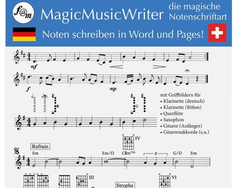 MagicMusicWriter Noten schreiben in Word Pages Rhythmus Song komponieren Musik Schriftart Font Notenfont Zeichensatz Notenschriftart