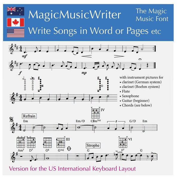 MagicMusicWriter write music notes in Word Pages rhythm song compose music note font character music font symbol font teachig music melodies