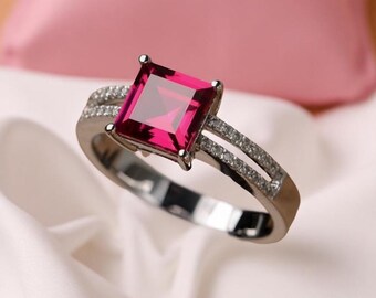 Square Lab Ruby Sterling Silver Ring: Statement Jewelry