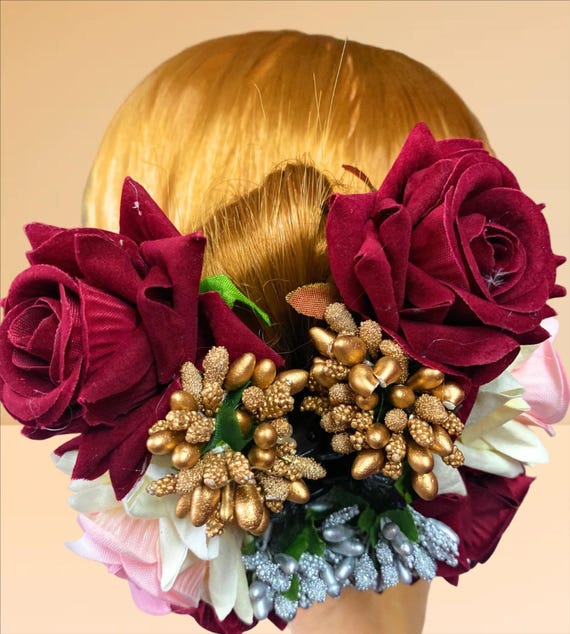 Burgundy Floral Hair Clip: Cream & Gold Glitter Flowers  display picture 1