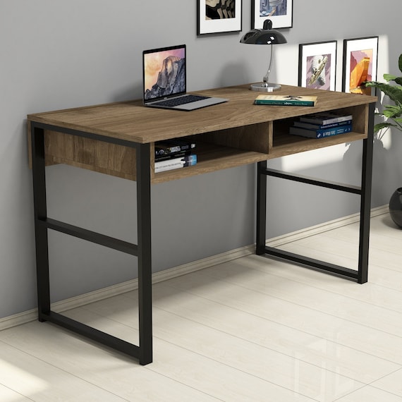 Kayrana Office Desk With Storage With Metal Legs Nove Walnut - Etsy UK