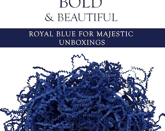 May include: Royal blue shredded paper packaging material. The image features the text "BOLD & BEAUTIFUL" and "ROYAL BLUE FOR MAJESTIC UNBOXINGS". The shredded paper is a vibrant blue color and is used for cushioning and presentation.