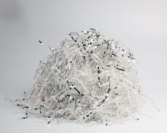 White Silver Crinkle Cut Paper Shred Filler, Gift Box Packaging, 8 oz