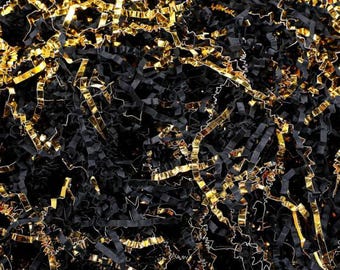 Metallic Crinkle Cut Paper Shred Filler, Black Gold Gift Boxes Basket (4 oz)