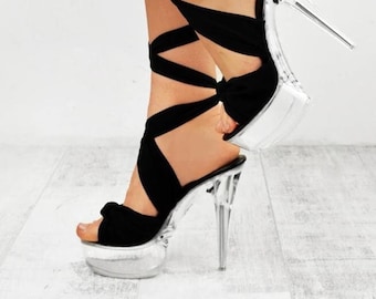 Violet - Black Chiffon Tie Leg Platform Heel