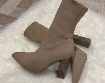 SASHA Mocha Sock Boot with Block High Heel