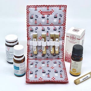 Globulitäschchen"Am Meer“zum Selbstbefüllen mit 6 Gläschen, Homöopathie, Reiseapotheke,Medizin, Arzneitasche, Strandurlaub, Wanderurlaub,rot