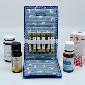 Globulitäschchen &quot;Mond&quot; zum Selbstbefüllen mit 6 Gläschen, Homöopathie,Reiseapotheke, Taschenapotheke für Baby,Geburt,Taufe,Geburtstag,blau