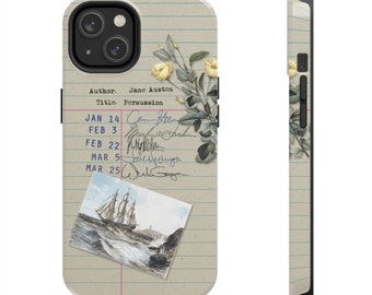 May include: A phone case with a vintage notebook paper design featuring a floral illustration and a handwritten list of dates and names. The case also includes a small image of a ship sailing on the ocean.