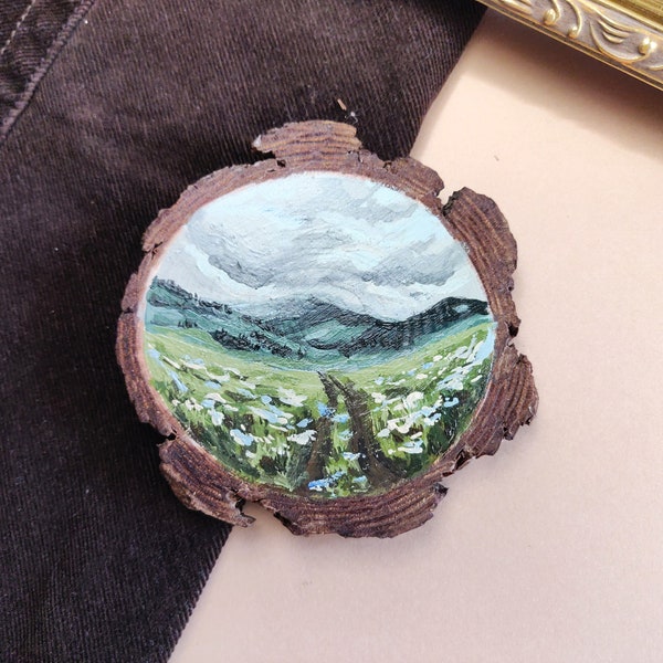 Mountain Meadow Landscape Painting on a Wood Slice