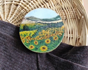 Sunflower Fields Wood Slice Painting