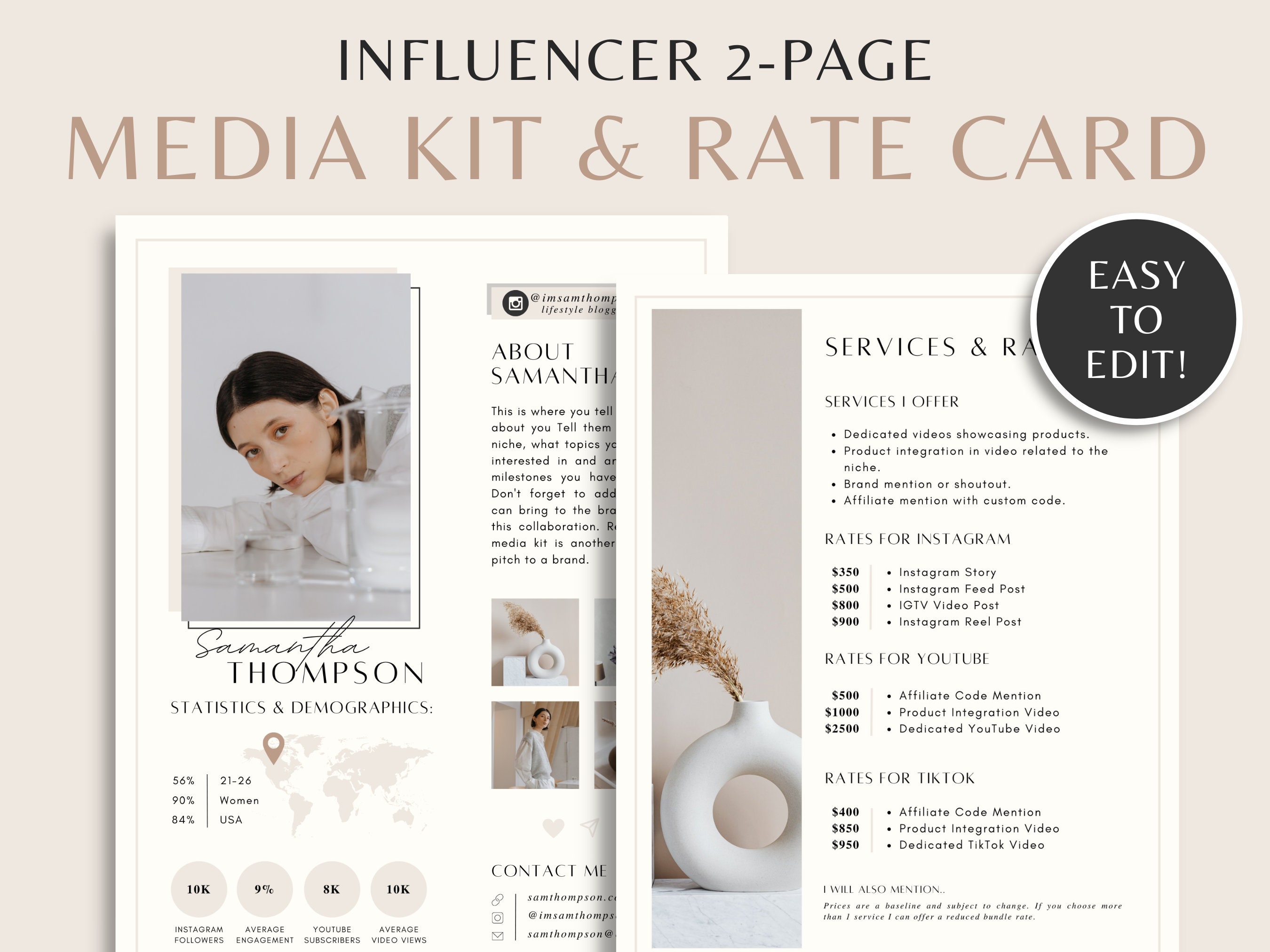 2 Page Media Kit & Rate Card Template Instagram Influencer Etsy Australia