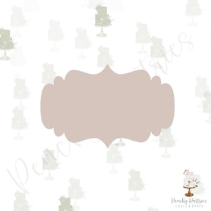 May include: A light pink, decorative frame with a scalloped edge. The frame is on a white background with a pattern of light green and white cakes.