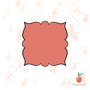 May include: A black outline of a decorative frame with a peach colored background. The frame has a scalloped edge.