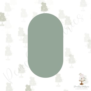 May include: A sage green oval-shaped sticker with a white background. The background is filled with small, faded images of wedding cakes.