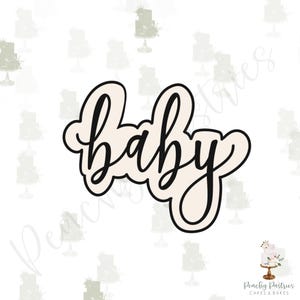 May include: A black cookie cutter in the shape of the word "baby" written in a cursive font.