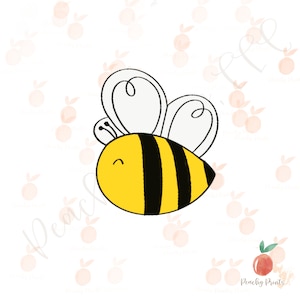May include: A cartoon bee with black and yellow stripes and white wings. The bee is smiling and has a happy expression.