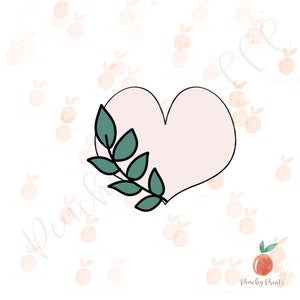 May include: A pink heart with a green leafy branch on the left side. The heart is outlined in black.