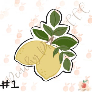 May include: A digital illustration of two yellow lemons with green leaves on a branch. The lemons are outlined in black and have a textured surface. The background is a light pink with a white watercolor effect.