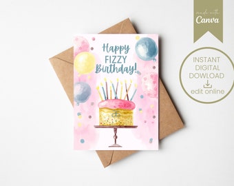 TARJETA DE CUMPLEAÑOS FIZZY / Inspirada en Arbonne / Acuarela / Descarga Digital Instantánea / Fizz / Imprimir en casa / Editable