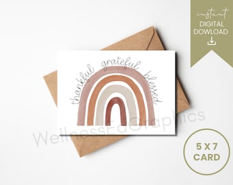 THANKFUL GRATEFUL BLESSED card / watercolor / Thanksgiving / boho / print at home / digital download