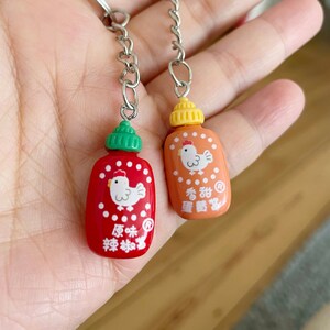 Cute Sriracha bottle mayo hot chili sauce Keychain Keyring kawaii key chain asian accessories accessory Emoji food keychain