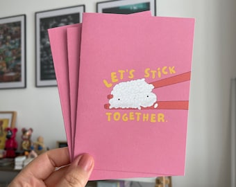 Asian friendship card, Rice & Chopsticks 'Let’s stick together' 100% recycled paper card reis food pun kawaii cute