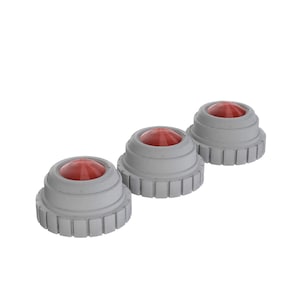 May include: Three gray and red push button switches. Each switch has a red button in the center and a gray, textured, circular base.