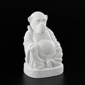 May include: White ceramic figurine of a monkey sitting in a meditative pose, wearing a robe. The monkey has a round belly and a serene expression.
