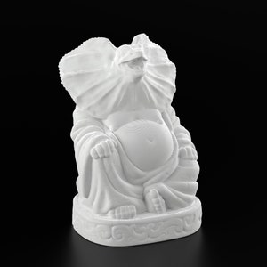 May include: White ceramic figurine of a laughing Buddha with a frilled lizard head.
