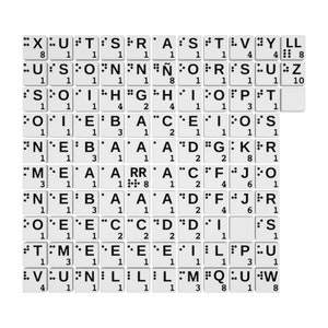 May include: A white braille alphabet chart with black letters and numbers. Each letter and number is in a separate square tile. The tiles are arranged in rows and columns. The chart includes the letters A through Z and the numbers 1 through 10.