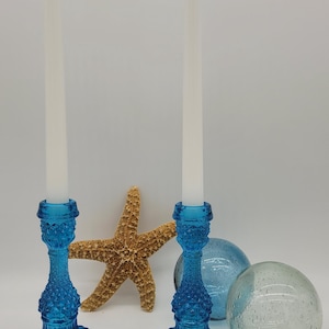 Blue Pressed glass candle holders/ Blue glass candle stick holders/Cottage decor/Beach Cottage decor / Victorian/ Hobnail style/ Vintage